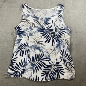 Linen Shirt Womens 2XL White Blue Floral Hawaiian Print Sleeveless Button Summer